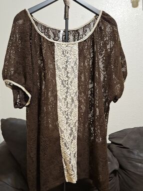 Lace Accent Brown Crochet Blouse with Cream Trim